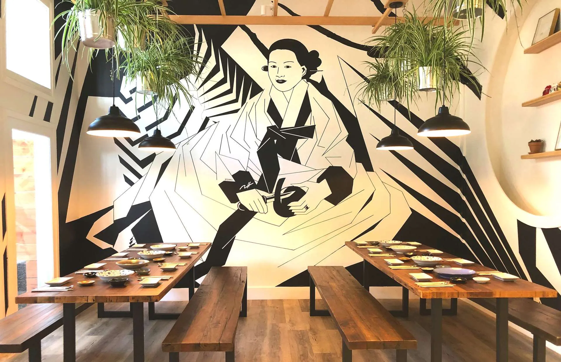 Colorful mural inside umma Korean Seoul Food in San Francisco